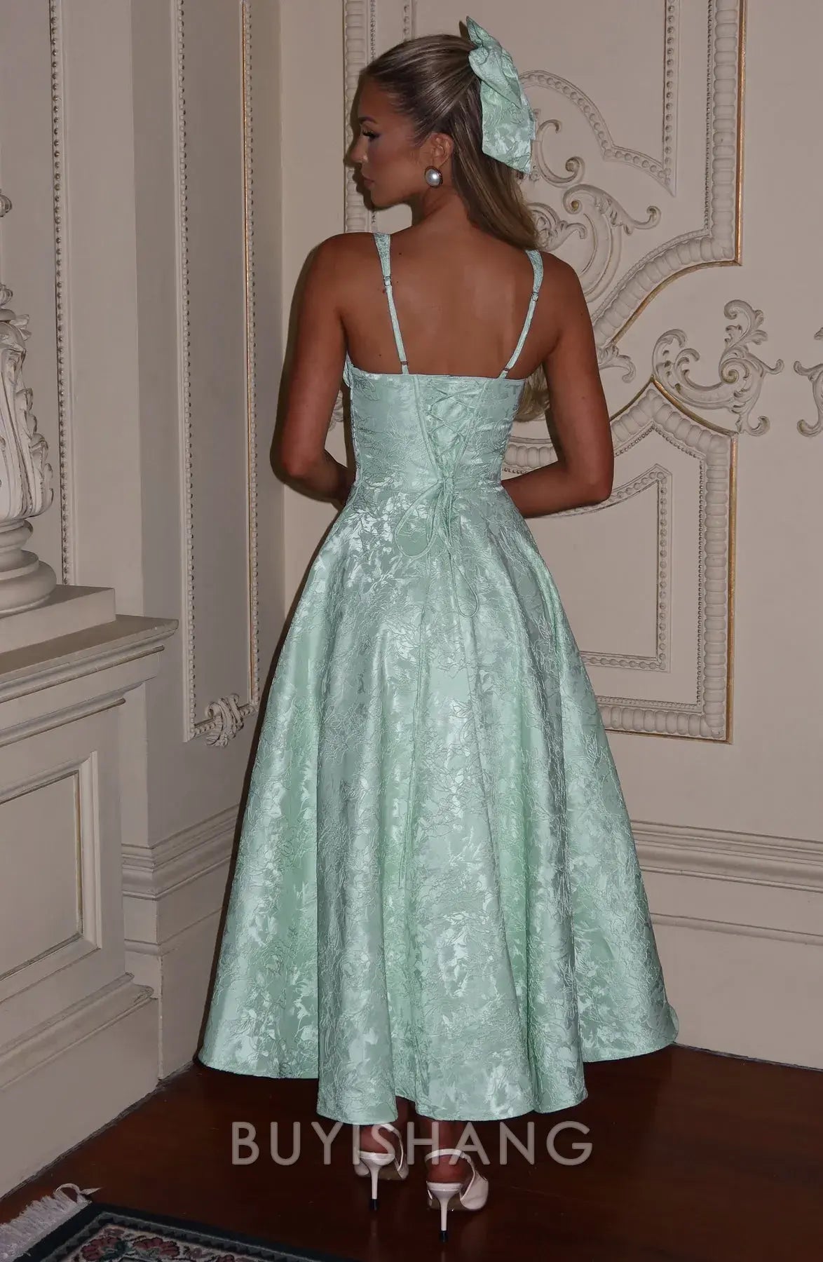 Elegant A-Line Spaghetti Strap Jacquard Midi Ball Gown with Corset Back Prom Dresses